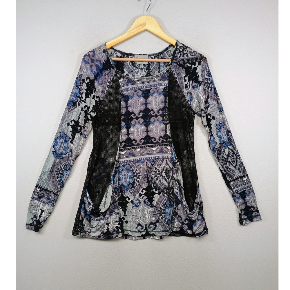 Boho Mixed Media Lynn Ritchie Silver Womens‎ XS Blue Damask Mesh Panel Top 9305